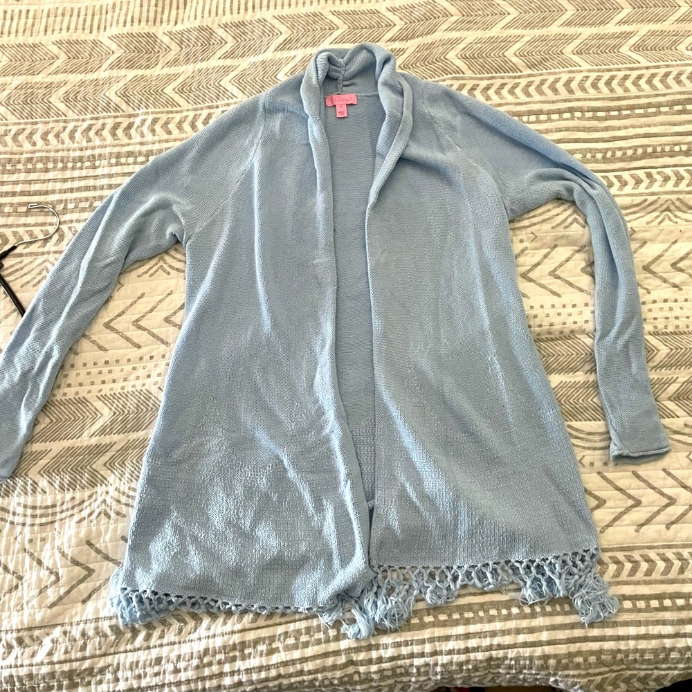 Lilly Pulitzer light blue open cardigan with fringe